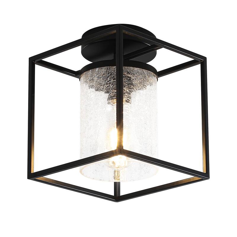 1-Light Modern Black Metal Frame Textured Glass Ceiling Light - Matte Black