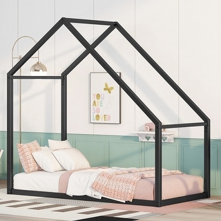 Twin Size Metal House Bed for Kids, Roof Design for Cozy Semi-Enclosed Space, Versatile and Stylish