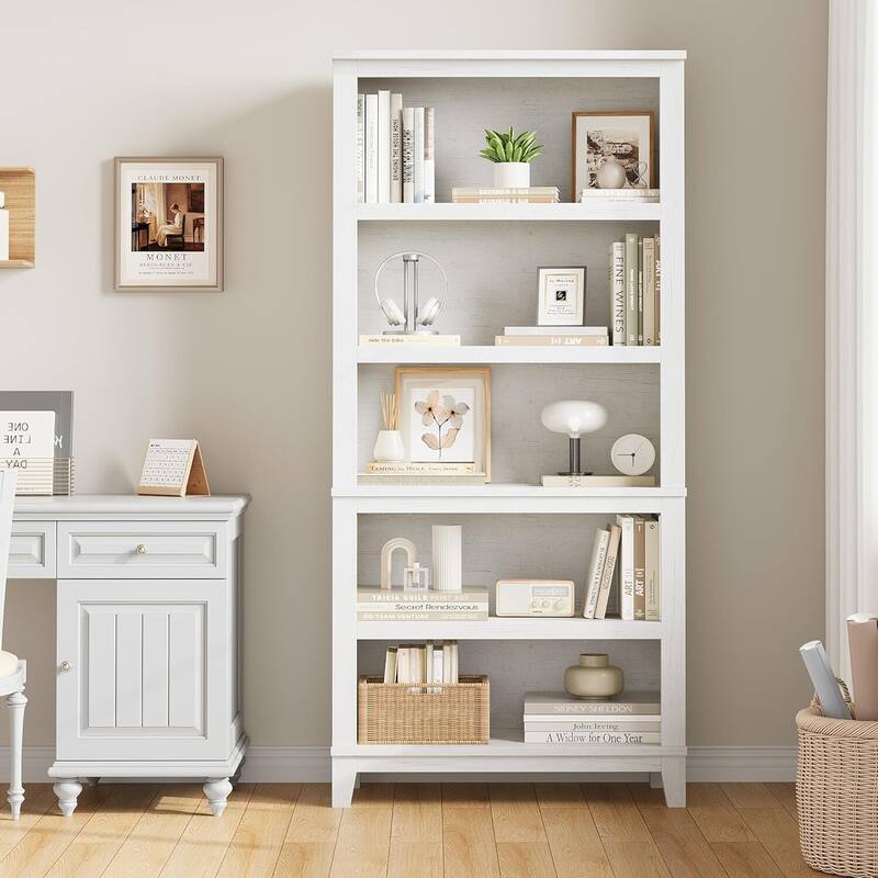 71" 5 Tier Farmhouse Bookshelf with Adjustable Shelves for Living Room - N/A - White