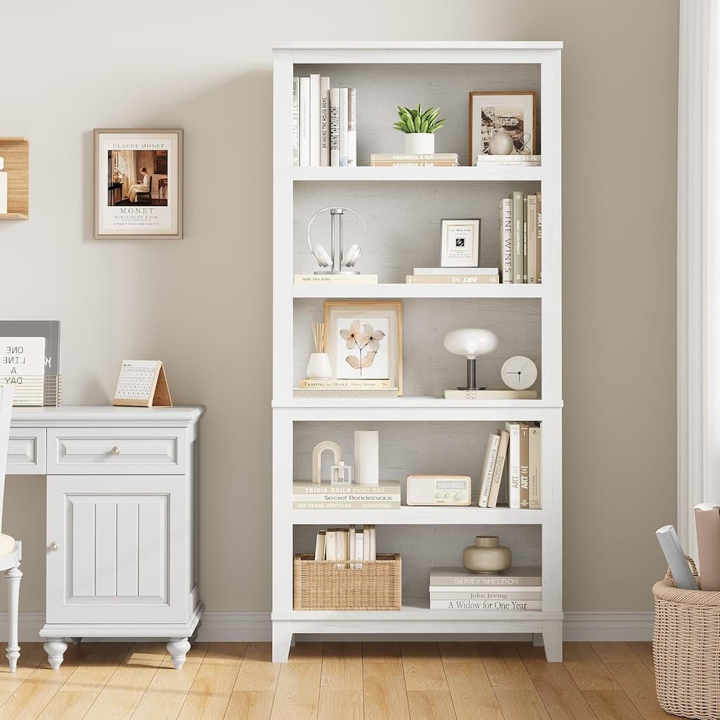 71" 5 Tier Farmhouse Bookshelf with Adjustable Shelves for Living Room - N/A