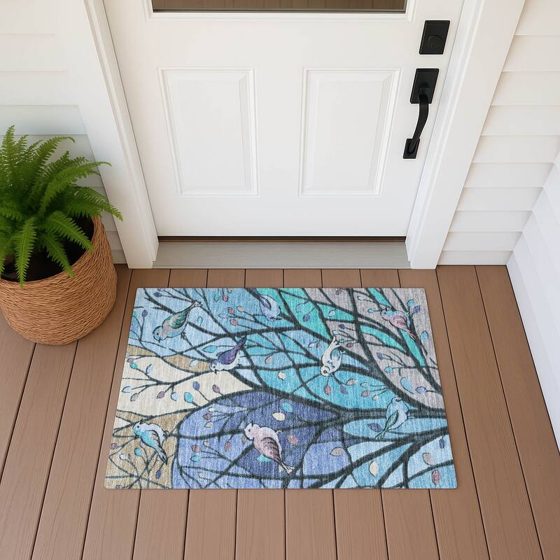 Machine Washable Indoor/ Outdoor Bird Mosaic Chantille Rug - Blue - 1'8" x 2'6"