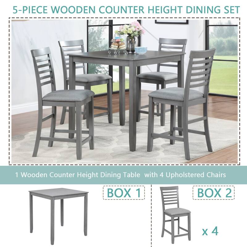 Modern Style 5-Piece Dining Set with Square Counter Height Table and 4 Ladder Back Dining Chairs