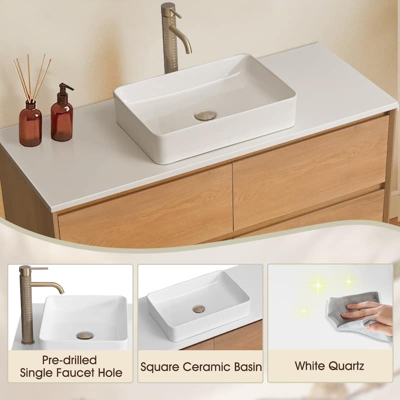 48" Floating Bathroom Vanity Quartz Counter Top with Ceramic Vessel Sink