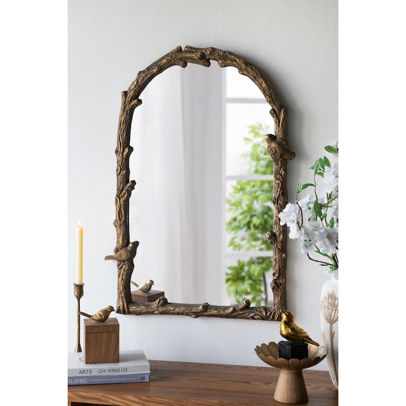 24x1.5x34" Arched Magnesian Wall Mirror with Gold Botanical and Bird Motifs - Brown - Brown