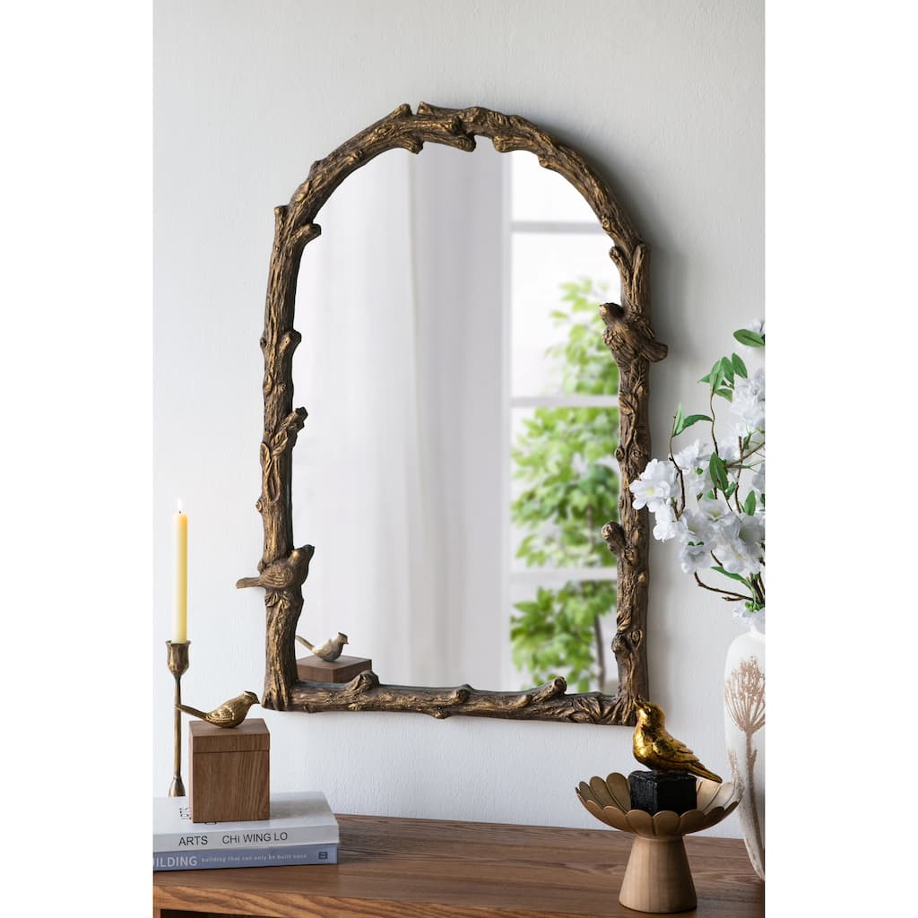 Arched Magnesian Wall Mirror - Gold Botanical & Bird Motifs