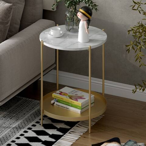 Side Table End Table with Storage Shelf Coffee Table Faux Marble White