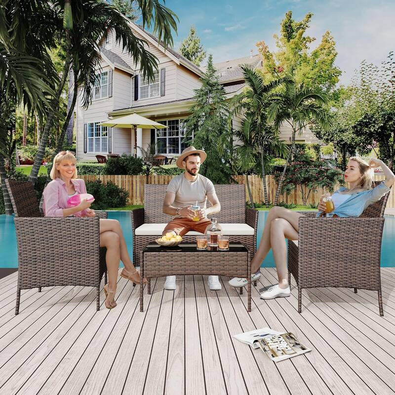 4 Pieces Rattan Wicker Chairs with Glass Coffee Table