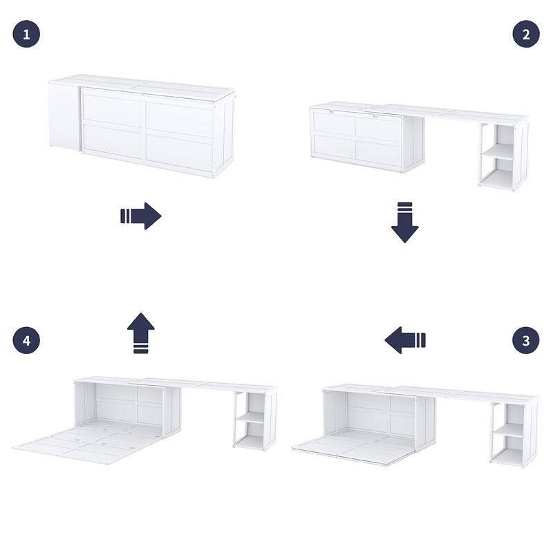 Queen Size Mobile Murphy Cube Cabinet Bed with Rotable Desk, Solid Wood Murphy Bed Chest Platform Murphy Bed for Guest Room