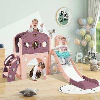 7-in-1 Toddler Slide Set - Spaceship Playset with Slide, Arch Tunnel, Basketball Hoop, and Toy Storage