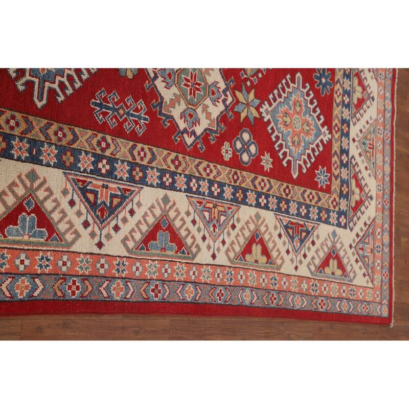 Geometric Kazak Area Rug Hand-Knotted Red Wool Carpet - 6'5" x 9'10"