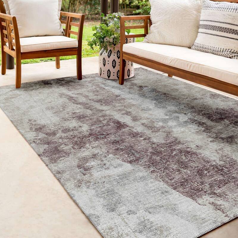 Indoor/ Outdoor Accord Abstract Polyester Washable Rug New - 3' x 5' - Beige and Eggplant