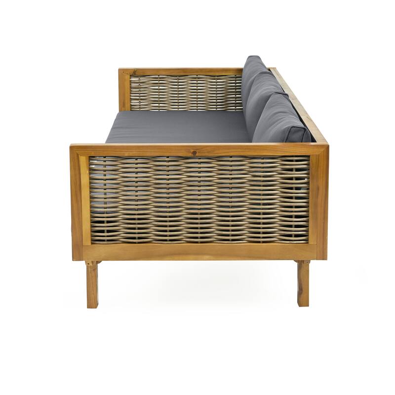 Acacia Wood Daybed with Rattan Arms Slat Paneling and Water Resistant Cushions