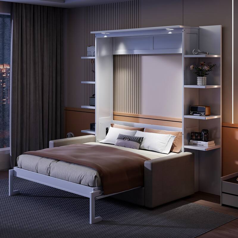 Space-Saving Queen Size Murphy Wall Bed with Sofa and Storage Shelves, LED Lights, and Foldable Cushions