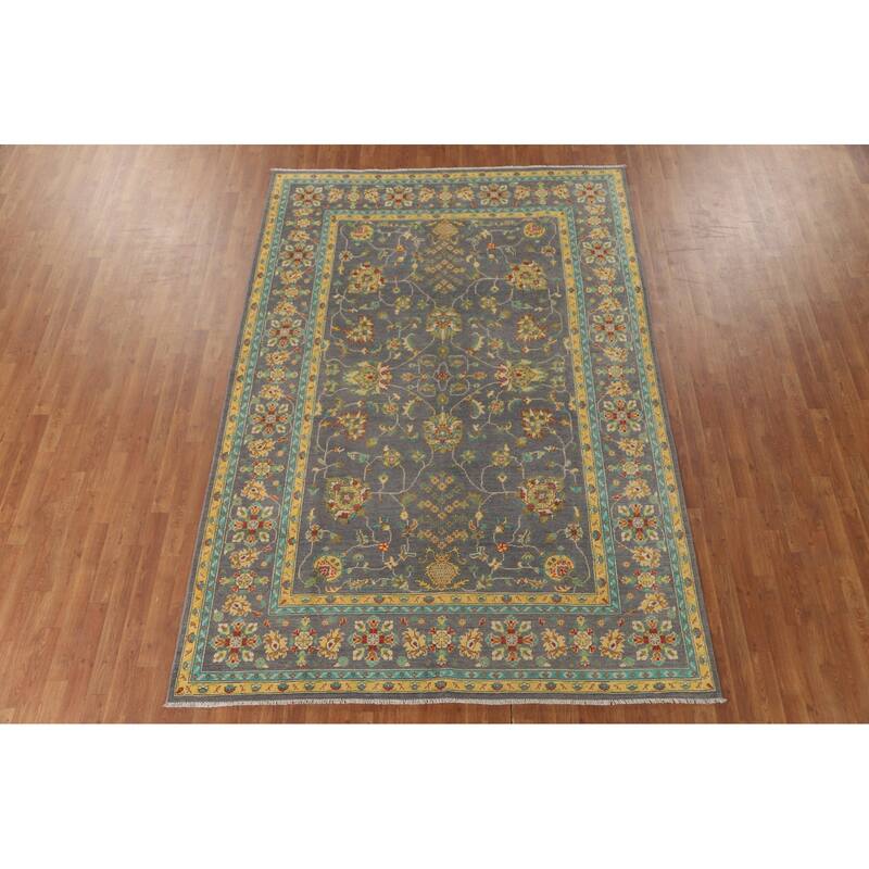 Gray Blue Floral Kazak Oriental Area Rug Handmade Wool Carpet - 6'8" x 9'7"