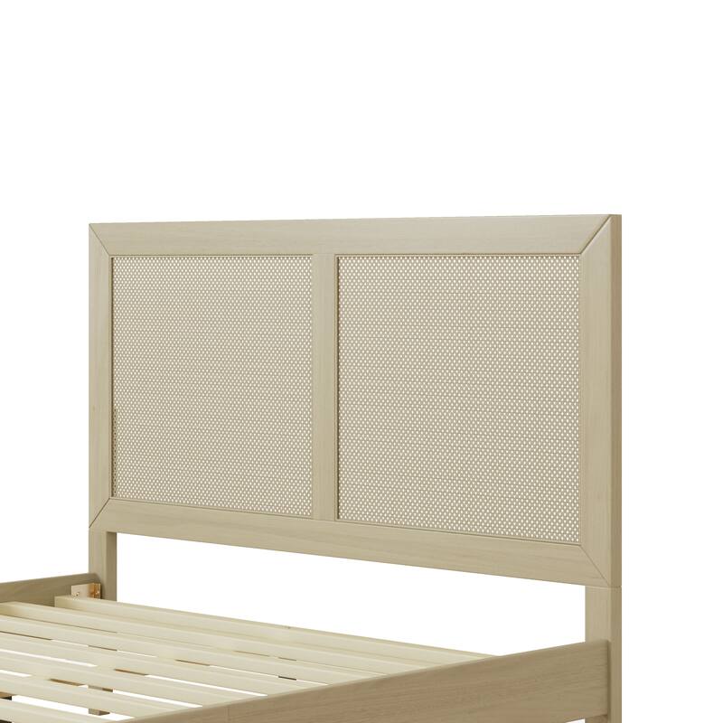 Solid Wood Platform Queen Bed With Rattan,Solid Rubber Wood Legs