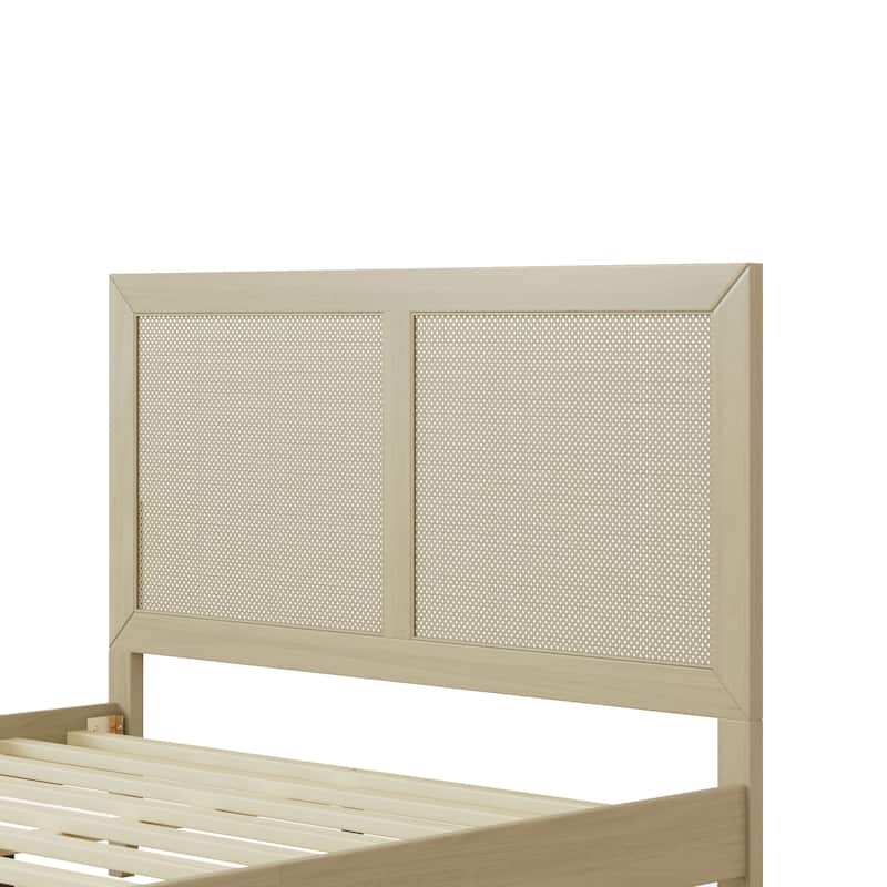 Solid Wood Platform Queen Bed With Rattan