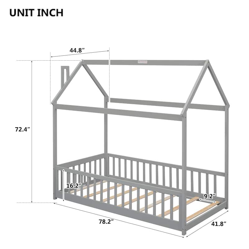 GDFStudio - Harrison American-Style Pine Twin Bed with House Design and Guardrails