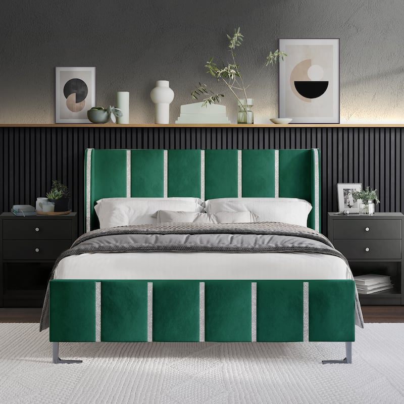 CraftPorch Luxurious Crystal Diamond Strip Velvet Upholstered Bed