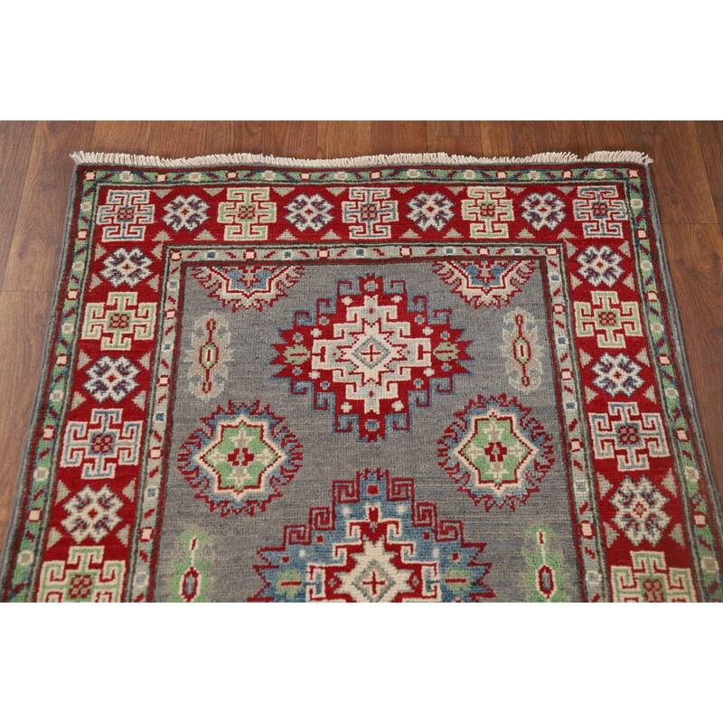 Gray Geometric Kazak Runner Rug Handmade Wool Carpet - 2'9" x 9'7"