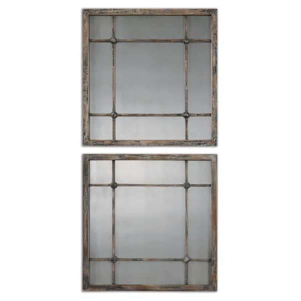 slide 2 of 2, Uttermost Saragano Set of (2) 19" Square Rustic Farmhouse Window Pane Aged Ivory