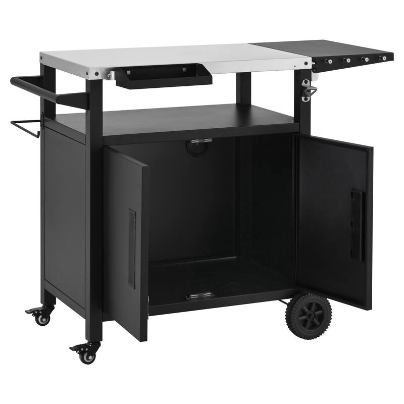 45" Metal Outdoor Grill Cart with Storage Cabinet, Outdoor Kitchen Island with Foldable Table on Wheels for BBQ