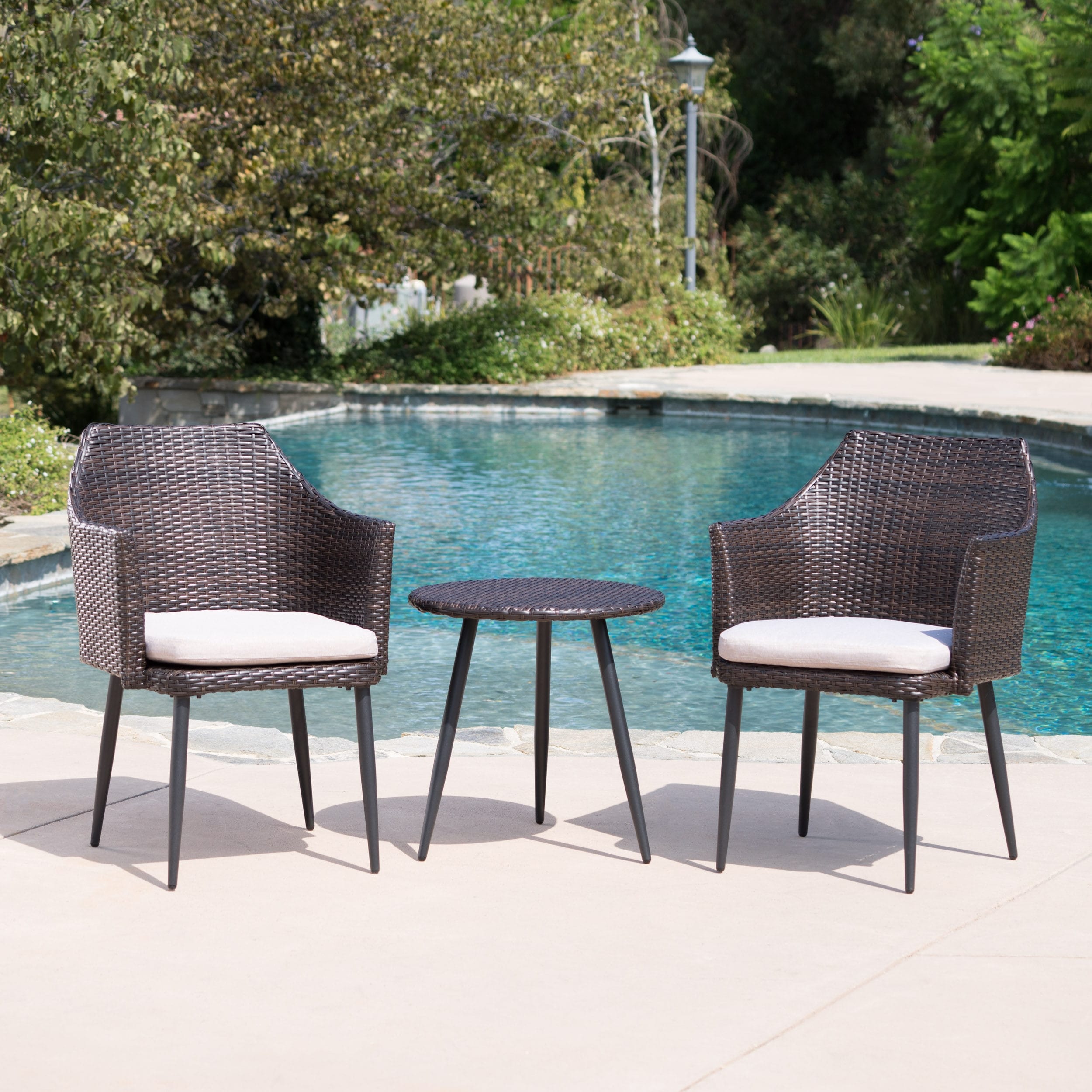 Minimalist Outdoor Wicker Chat Set with Coffee Table, Brown Patio Conversation Set with Padded Cushions