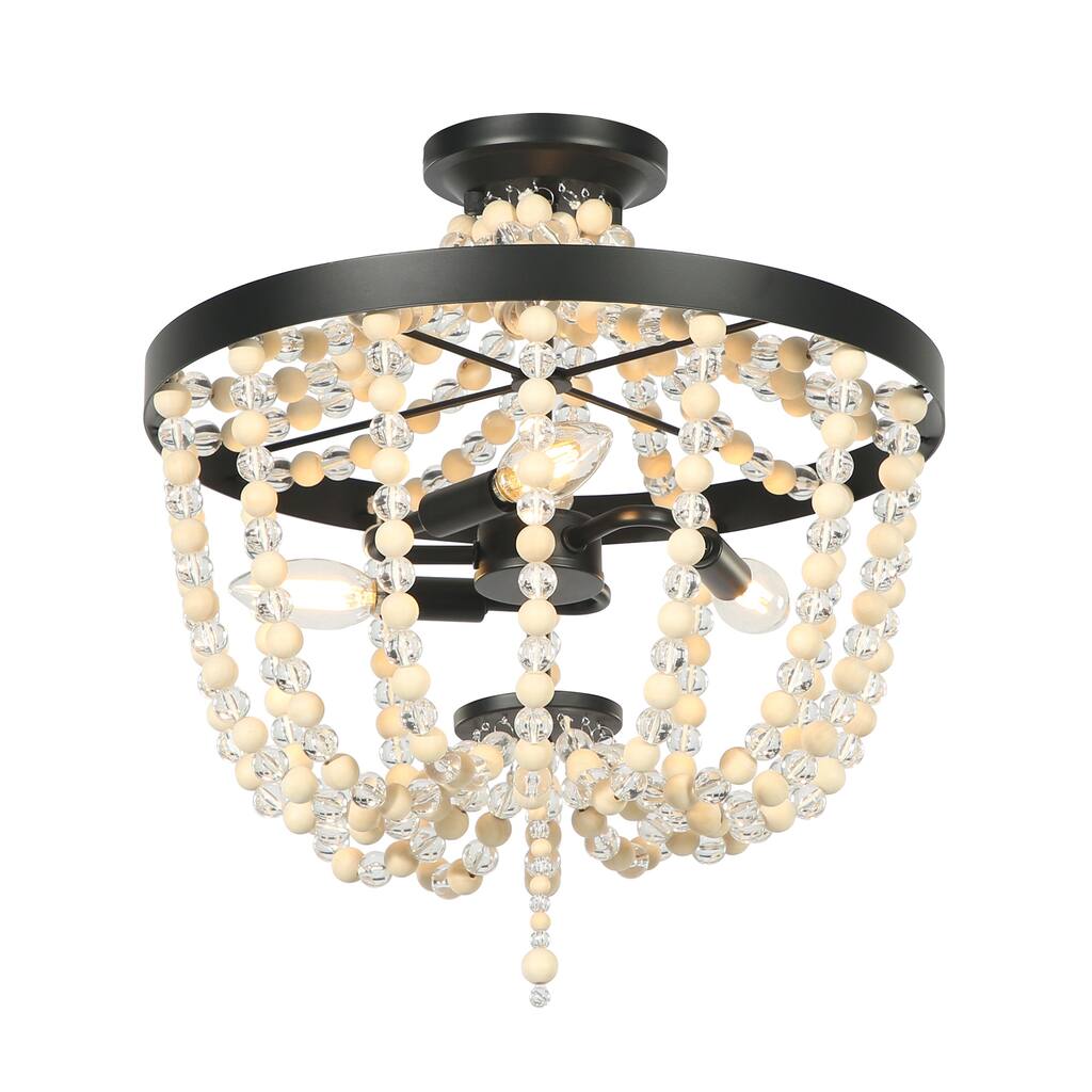 Lee Beaded Chandelier Rustic Farmhouse Light Fixture Ceiling Light with Wooden Beads & Crystal Beads