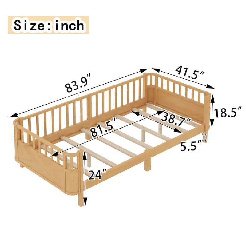 Multi Size Low Platform Bed for Kids with Rounded Corners Guardrails, Detachable Right-side Fence and Open Left-side Design