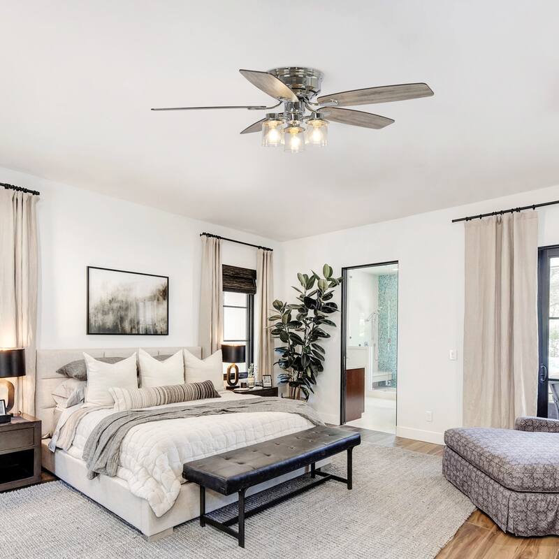 52" Modern Indoor Chrome Flush Mount Reversible Chandelier Ceiling Fan with Light and Remote