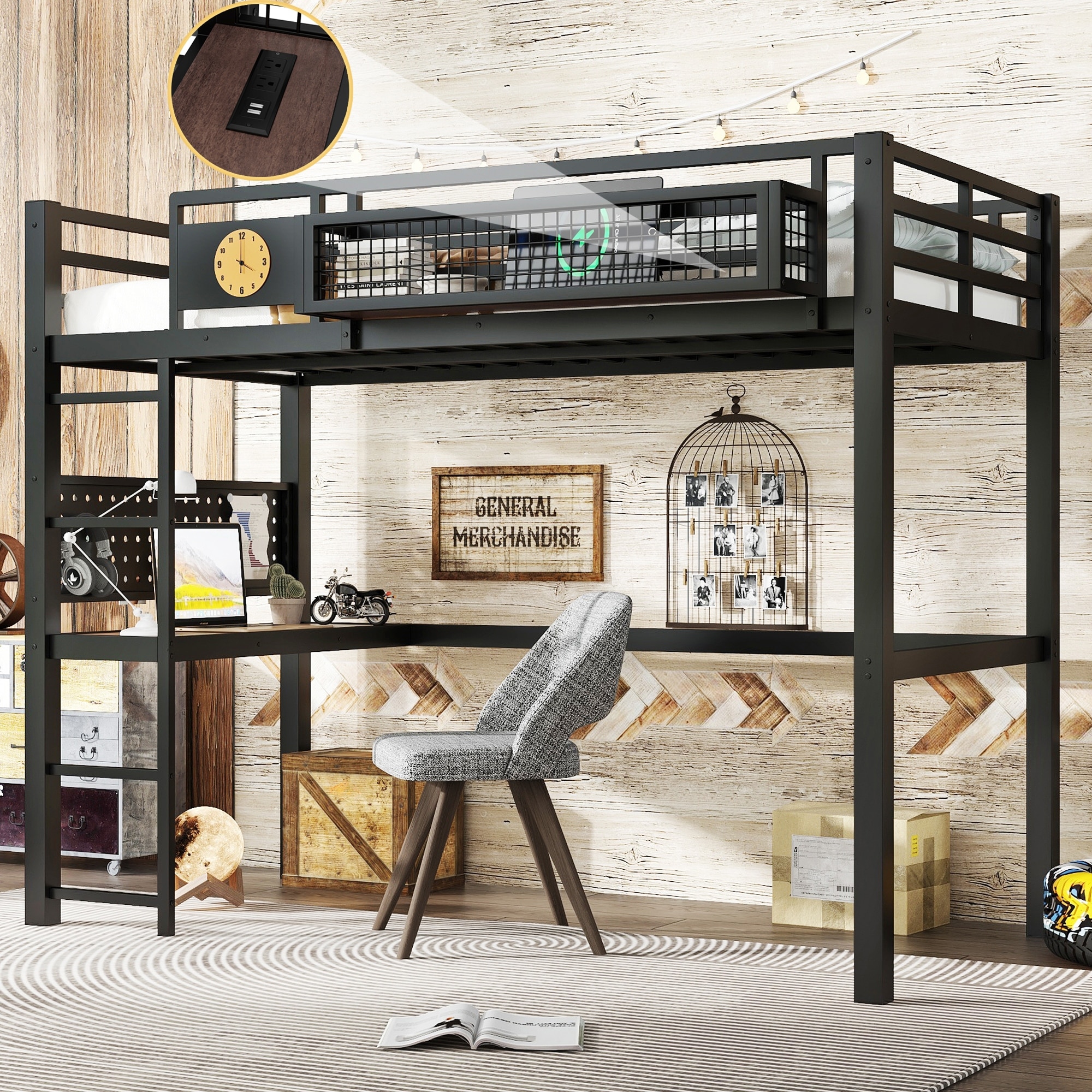 Roomfitters Metal Loft Bed, L-Shaped Desk, Charging Station & Storage Basket, Modern Black High Bed & Pegboard