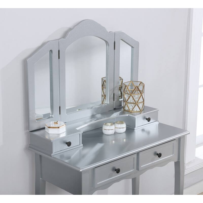 Wooden Vanity Table and Upholstered Stool Set, with 3-Panel Mirror and Ample Storage Drawers