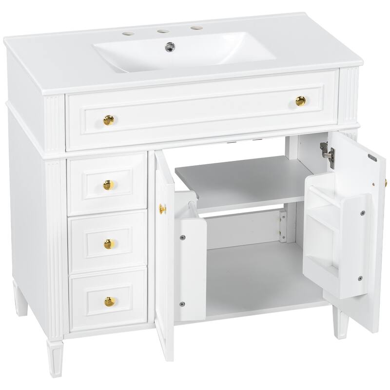 Modern 36 Inch Bathroom Vanity with Ceramic Sink, Solid Wood Frame Bathroom Storage Cabinet with Drawers and Gold Handles