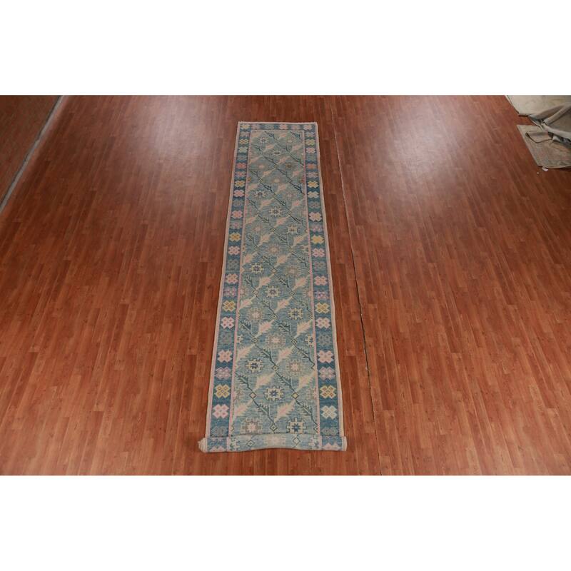 Hand Knotted Oriental 100% Wool Carpet Transitional Floral Navy Blue & Blues Oushak Runner Rug - 16' 7'' X 3' 6''