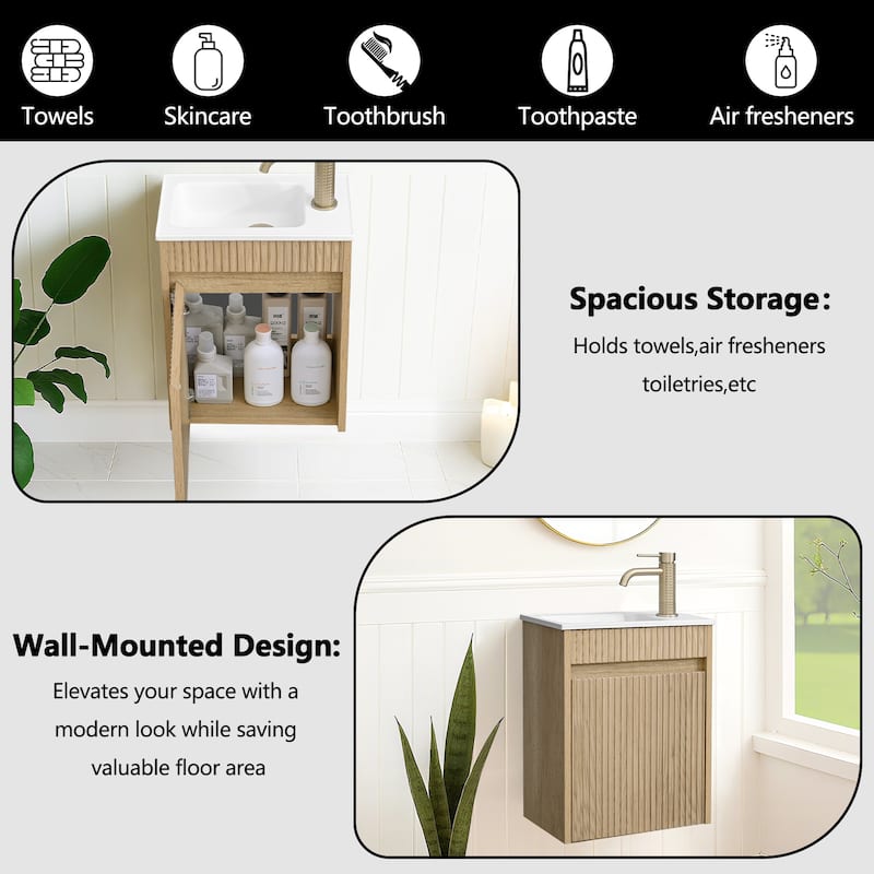 16" Floating Wall-Mounted Bathroom Vanity with White Intergrated Resin Sink Ample Storage Design