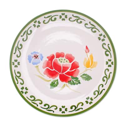 Novica Handmade Poppy Garden In Green Ceramic Dinner Plate