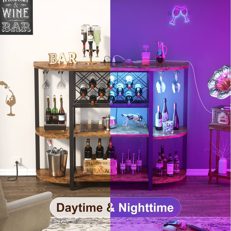 4-Tier Wine Bar Cabinet with Outlet and LED Light,Freestanding Bar Table with Glass Holder and Wine Storage