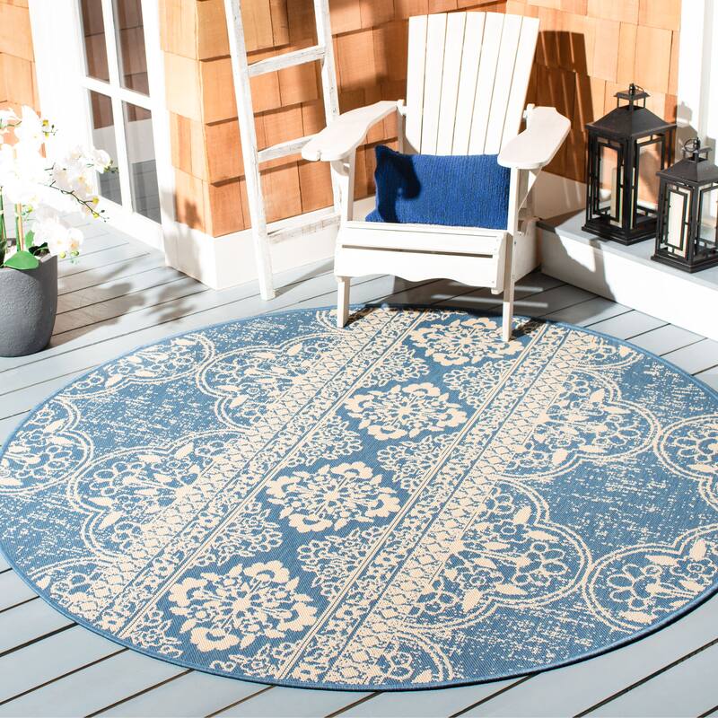 SAFAVIEH Beach House Belina Indoor/ Outdoor Waterproof Patio Backyard Rug - 6'7" Round - Cream/Blue