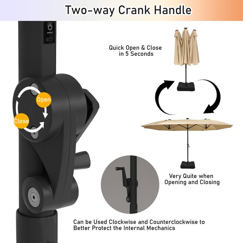 180'' x 108'' Rectangular Fiberglass Lighted Market Umbrella with Base