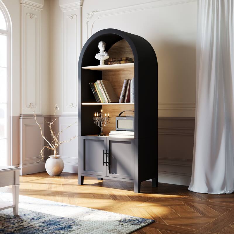 66.70 inch Tall Arched Bookcase with Storage, Mid-Century Modern 3-Tier Arched Cabinet with Door