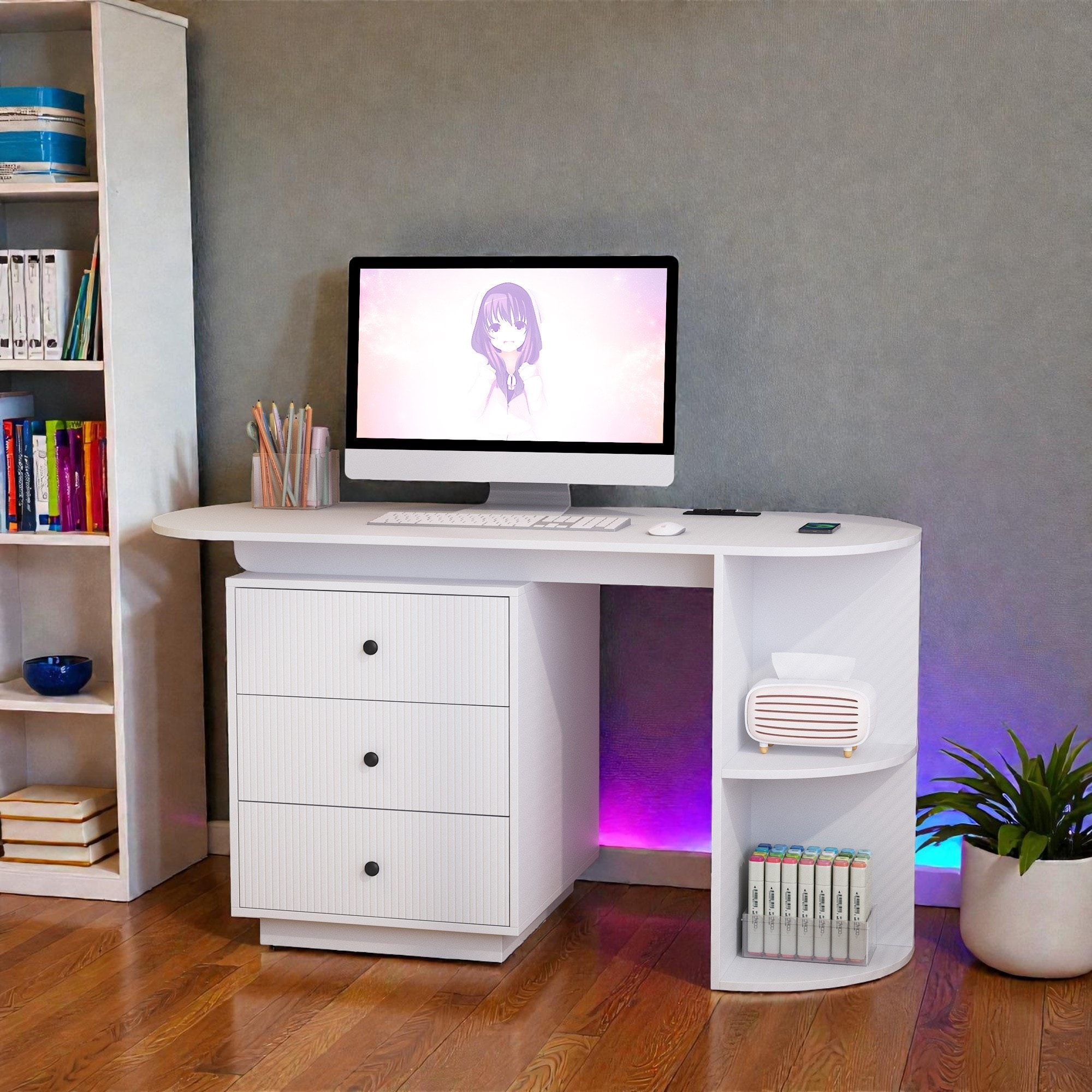 Expandable Computer Desk with Drawers, Power Outlets and USB Ports, Storage Shelves, Home Office Writing Desk
