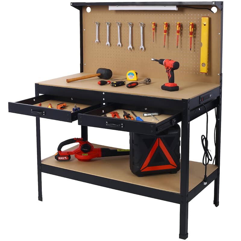 Steel Workbench Work Bench Workshop Tools Table w/Drawer & Peg Board,4 AC outlets & 2 USB Ports - 47.5"W