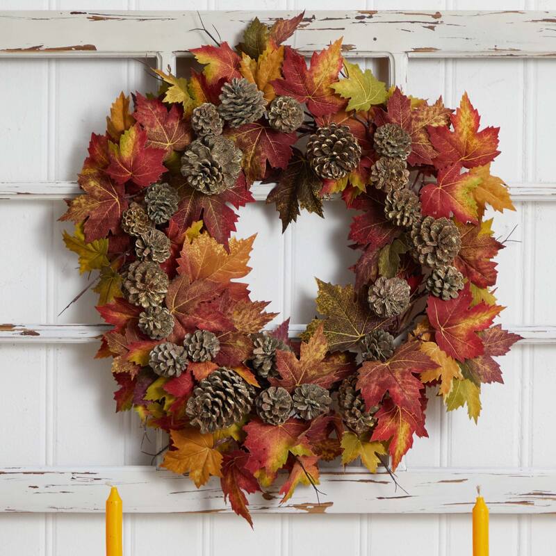 Maple and Pinecone Artificial Fall Harvest Wreath, 24-Inch, Unlit