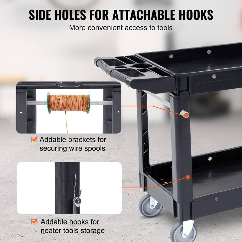 Black Plastic 2 Storage Shelf Rolling Utility Service Cart Swivel Lockable Wheels and Ergonomic Push Handle