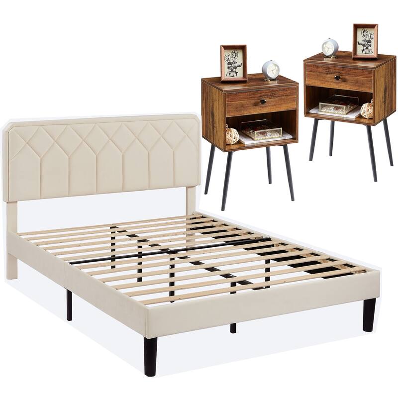 VECELO 3-Pieces Upholstered Platform Bed Frame with Adjustable Headboard and Nightstands Set of 2, Beige - Brown - Queen