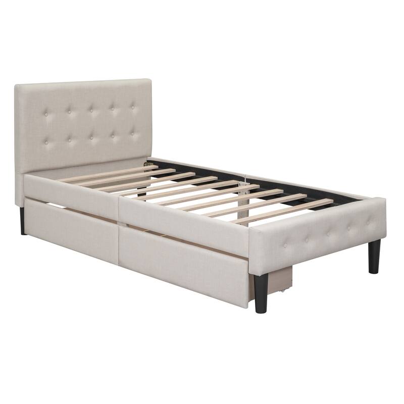 Twin Linen Platform Bed with Drawers & Tufted Headboard