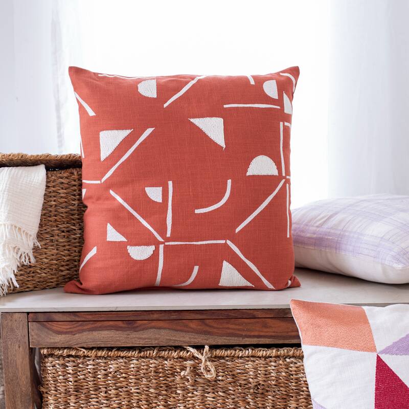 Embroidered Abstract Geometric Square Throw Pillow - 20" - Orange and Cream
