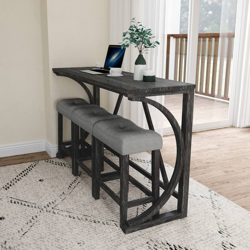 4-Piece Industrial Bar Table Set with Upholstered Stools, Grey Black Coffee Table Side Table with Wood Legs