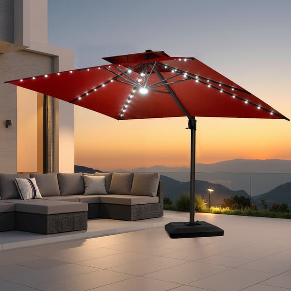13 foot patio table umbrella Summit Living 13 ft Patio Umbrella with LED Solar Lights Large Double Sided  Outdoor Table Umbrella Red