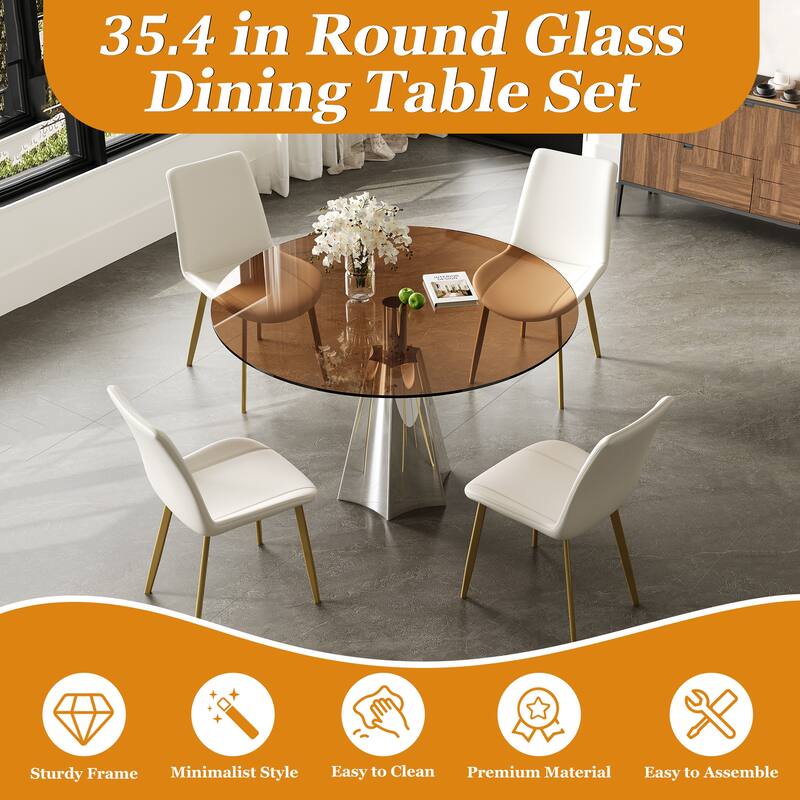 5-Piece Round Dining Table Set, 35 Inch Tempered Glass Top with Silver Base & 4 Ergonomic Chairs for Small Space