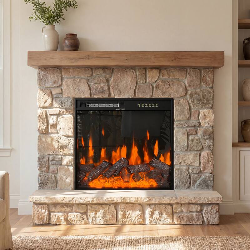 Black Electric Fireplace Insert, 1500W 110V Heater with 12-Color Flame, 5-Level Brightness, High/Low Heat Settings